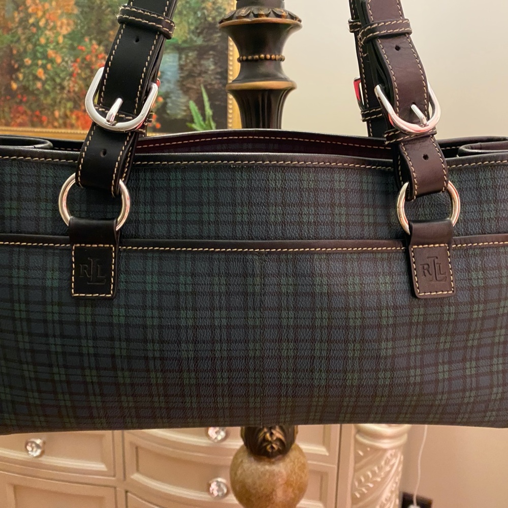 LAUREN RALPH LAUREN BLACK/GREEN PLAID COATED CANVAS TOTE BAG